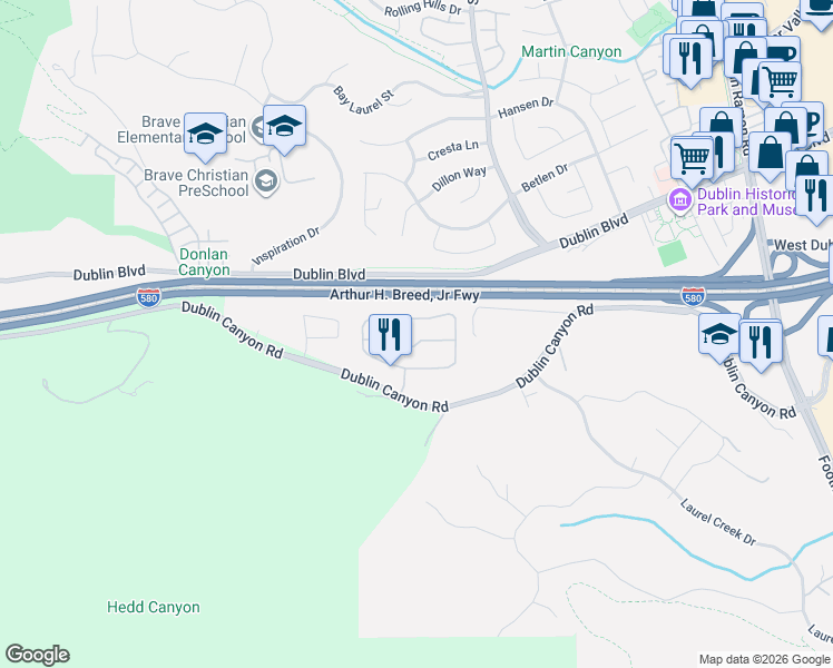 map of restaurants, bars, coffee shops, grocery stores, and more near 8060 Mountain View Drive in Pleasanton