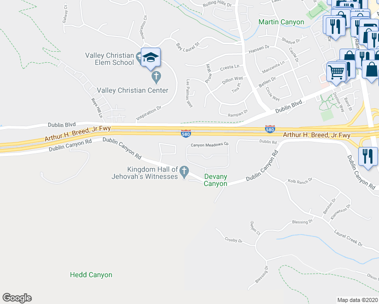 map of restaurants, bars, coffee shops, grocery stores, and more near 7860 Canyon Meadows Circle in Pleasanton