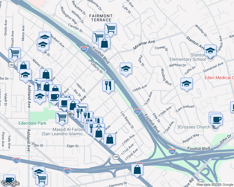 map of restaurants, bars, coffee shops, grocery stores, and more near 16510 Los Banos Street in San Leandro
