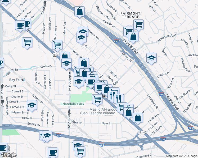 map of restaurants, bars, coffee shops, grocery stores, and more near 16336 Blanco Street in San Leandro