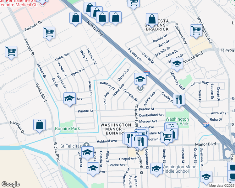 map of restaurants, bars, coffee shops, grocery stores, and more near 1338 Esser Avenue in San Leandro