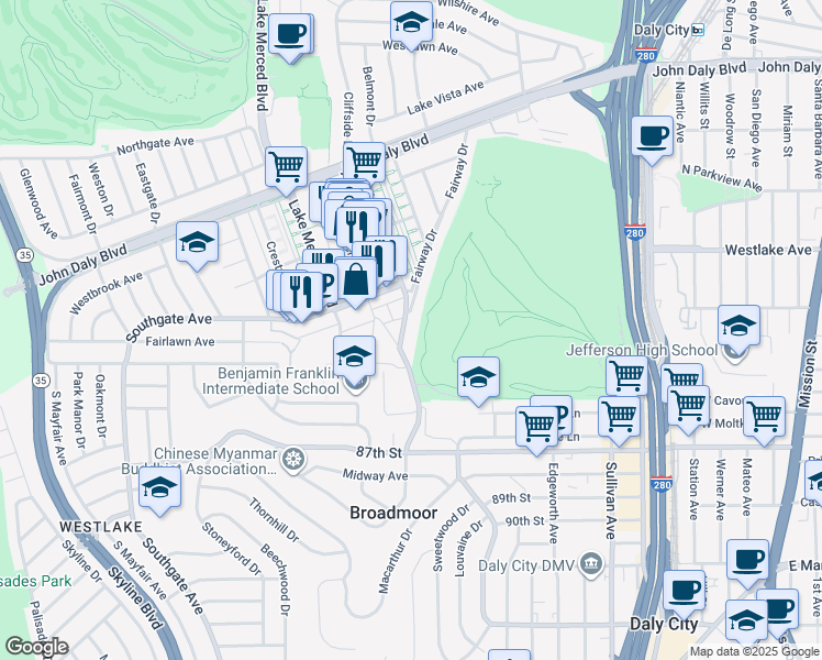 map of restaurants, bars, coffee shops, grocery stores, and more near 355 Park Plaza Drive in Daly City