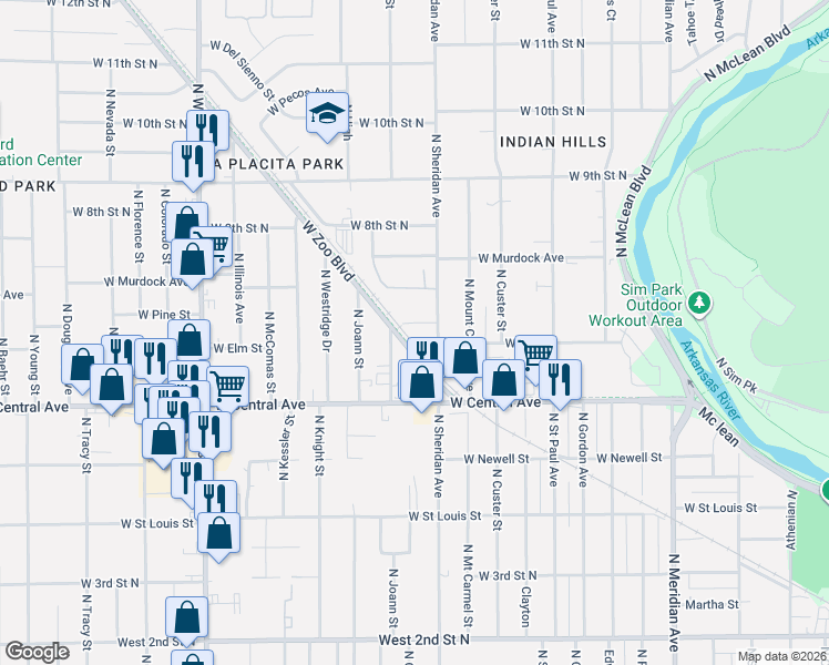 map of restaurants, bars, coffee shops, grocery stores, and more near 3311 West Zoo Boulevard in Wichita
