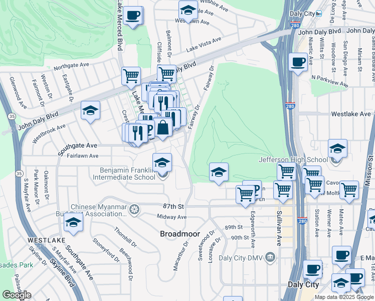 map of restaurants, bars, coffee shops, grocery stores, and more near 355 Park Plaza Drive in Daly City