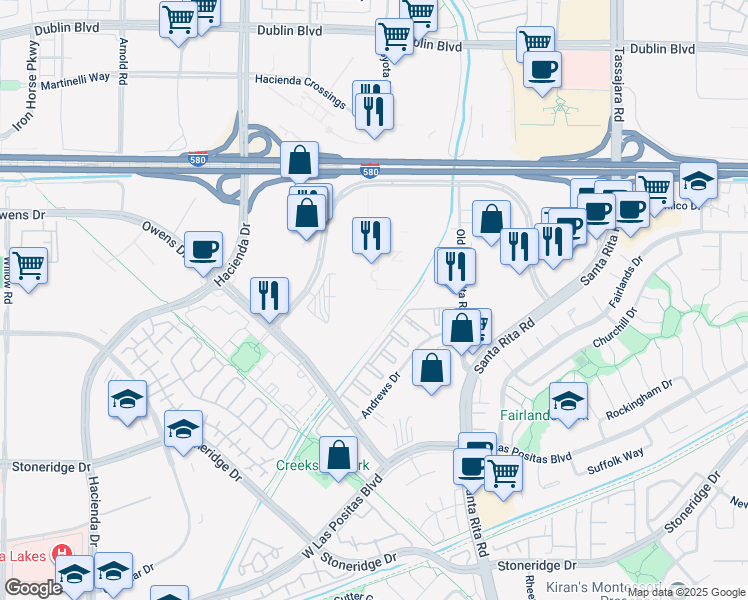 map of restaurants, bars, coffee shops, grocery stores, and more near 4440 Rosewood Drive in Pleasanton