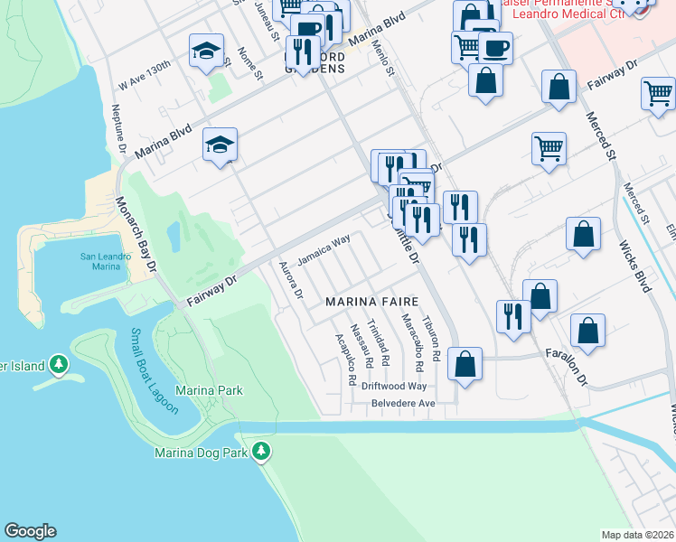 map of restaurants, bars, coffee shops, grocery stores, and more near 13963 Samoa Road in San Leandro
