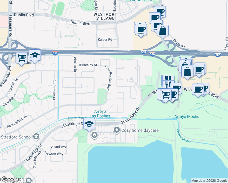 map of restaurants, bars, coffee shops, grocery stores, and more near 3435 Park Place in Pleasanton