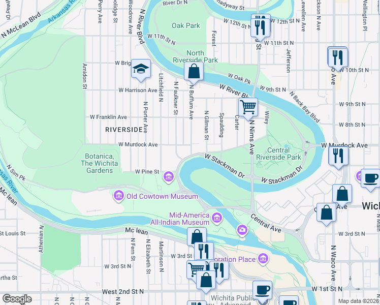 map of restaurants, bars, coffee shops, grocery stores, and more near 1312 West Stackman Drive in Wichita