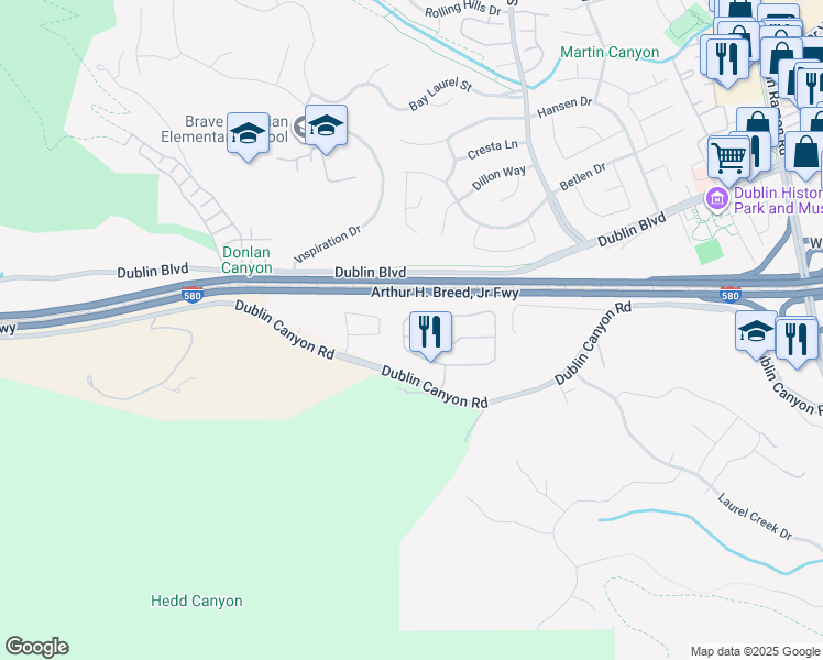 map of restaurants, bars, coffee shops, grocery stores, and more near 7860 Canyon Meadows Circle in Pleasanton
