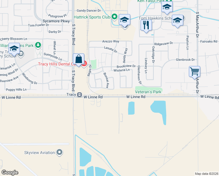 map of restaurants, bars, coffee shops, grocery stores, and more near 4738 Bonsai Avenue in Tracy