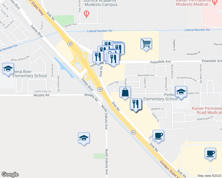 map of restaurants, bars, coffee shops, grocery stores, and more near 3921 Weston Way in Modesto