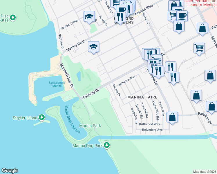 map of restaurants, bars, coffee shops, grocery stores, and more near 2 Blue Whale Street in San Leandro