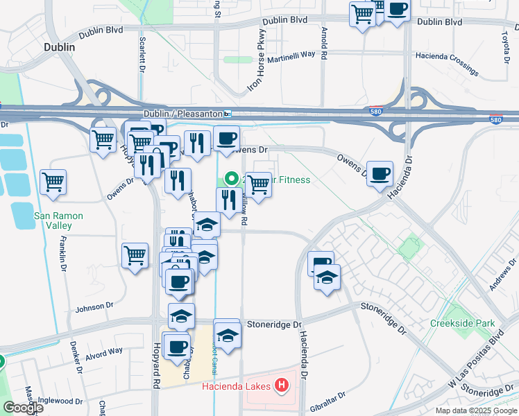 map of restaurants, bars, coffee shops, grocery stores, and more near 4747 Willow Road in Pleasanton