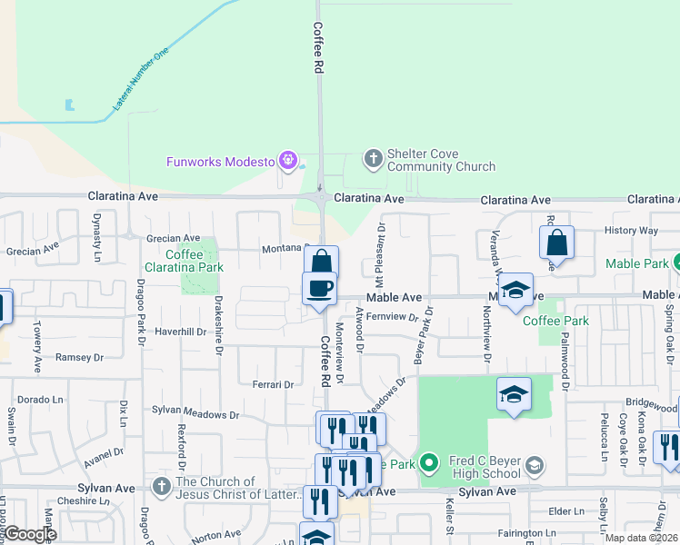 map of restaurants, bars, coffee shops, grocery stores, and more near 1303 Mable Avenue in Modesto