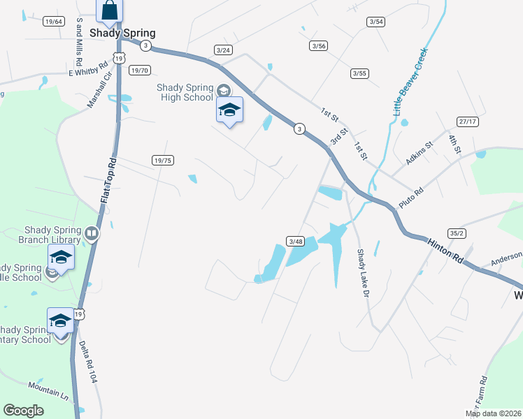 map of restaurants, bars, coffee shops, grocery stores, and more near 199 Oak Ridge Lane in Shady Spring