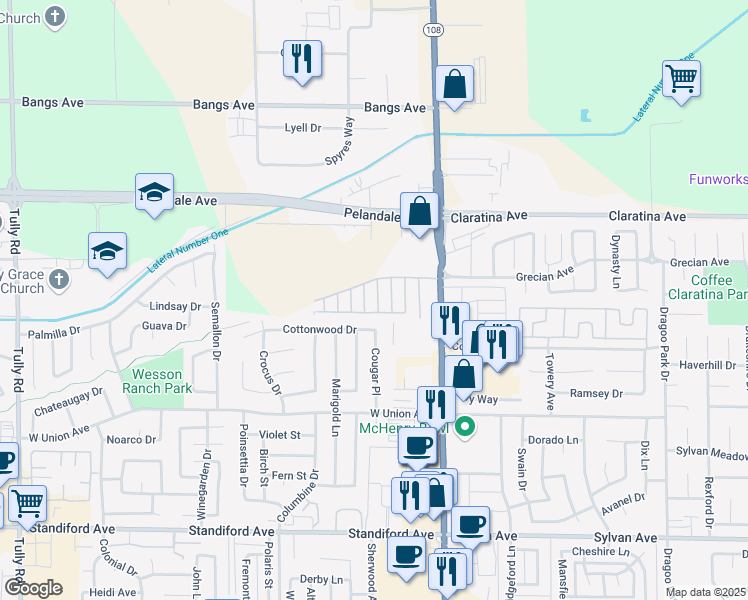 map of restaurants, bars, coffee shops, grocery stores, and more near 4125 McHenry Avenue in Modesto