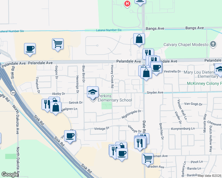 map of restaurants, bars, coffee shops, grocery stores, and more near 4000 Honey Creek Road in Modesto