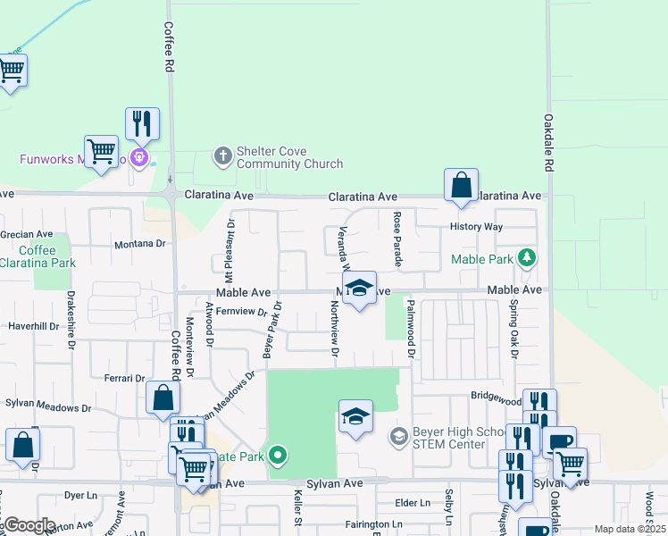 map of restaurants, bars, coffee shops, grocery stores, and more near 1619 Pristine Court in Modesto