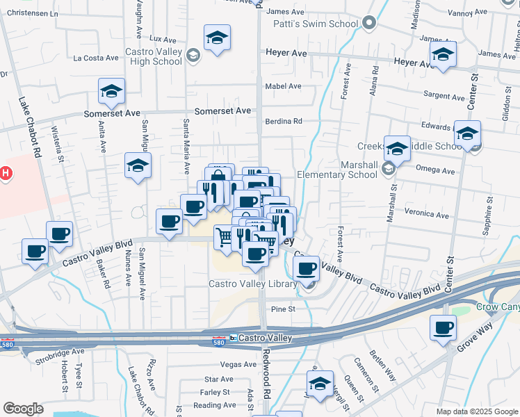 map of restaurants, bars, coffee shops, grocery stores, and more near 20629 Redwood Rd in Castro Valley