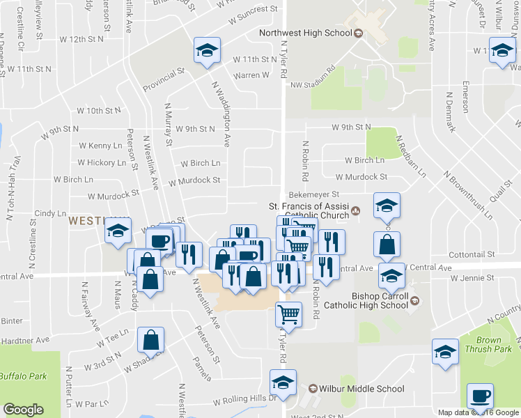 map of restaurants, bars, coffee shops, grocery stores, and more near 8909 West Delano Circle in Wichita