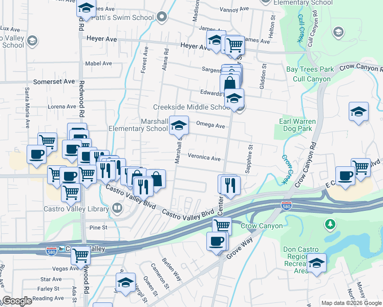 map of restaurants, bars, coffee shops, grocery stores, and more near 4183 Veronica Avenue in Castro Valley