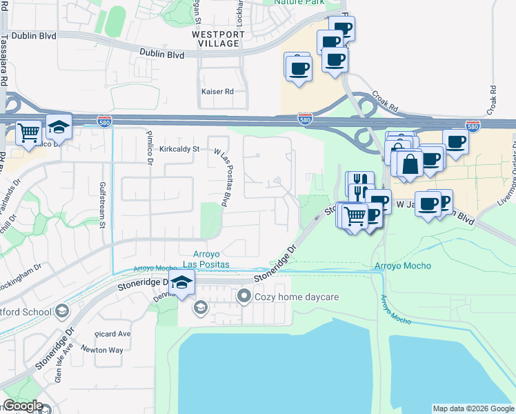 map of restaurants, bars, coffee shops, grocery stores, and more near 2680 Trailside Circle in Pleasanton