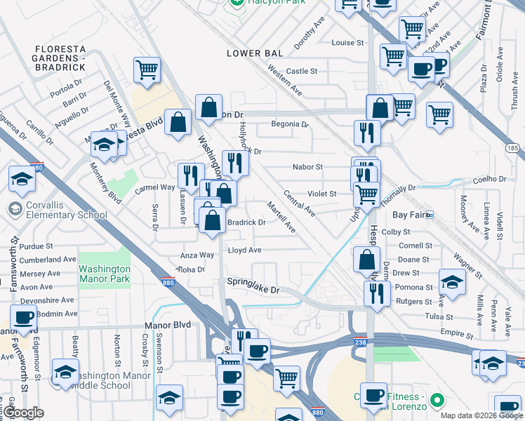 map of restaurants, bars, coffee shops, grocery stores, and more near 432 Bradrick Drive in San Leandro