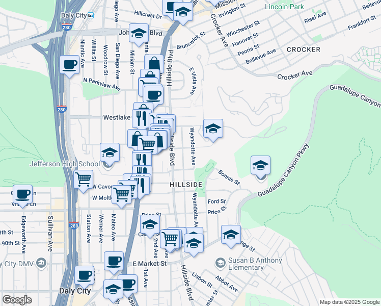 map of restaurants, bars, coffee shops, grocery stores, and more near 273 Wyandotte Avenue in Daly City