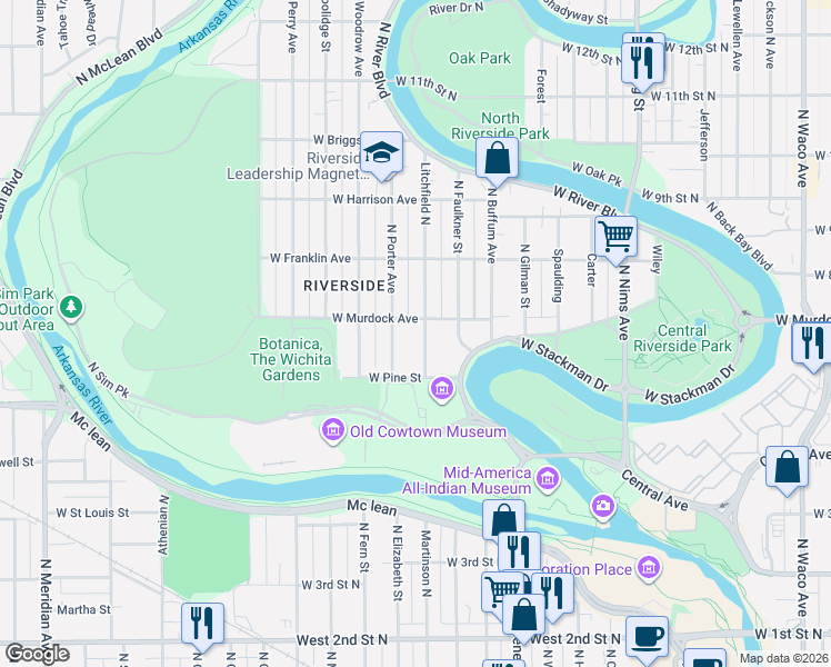 map of restaurants, bars, coffee shops, grocery stores, and more near 724 North Porter Avenue in Wichita