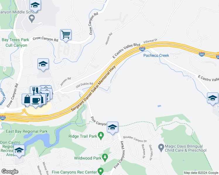 map of restaurants, bars, coffee shops, grocery stores, and more near 4992 Fraga Road in Castro Valley