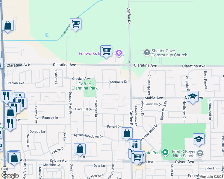 map of restaurants, bars, coffee shops, grocery stores, and more near 4101 Retreat Court in Modesto