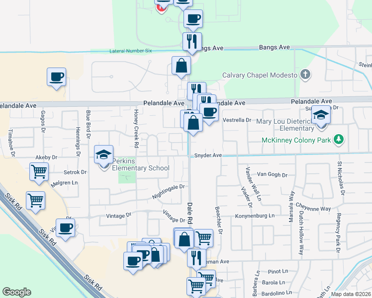 map of restaurants, bars, coffee shops, grocery stores, and more near 3905 Dale Road in Modesto