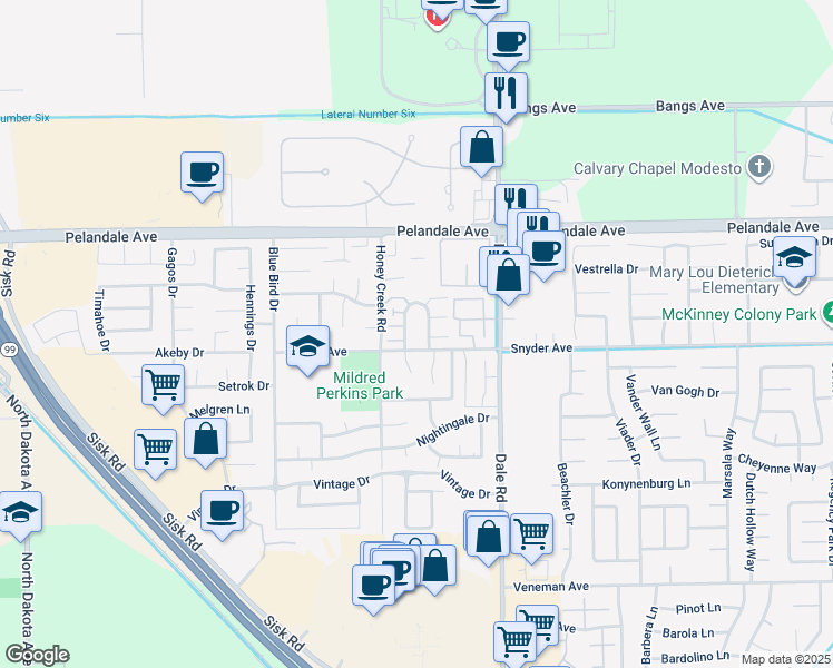 map of restaurants, bars, coffee shops, grocery stores, and more near 3104 Snyder Avenue in Modesto