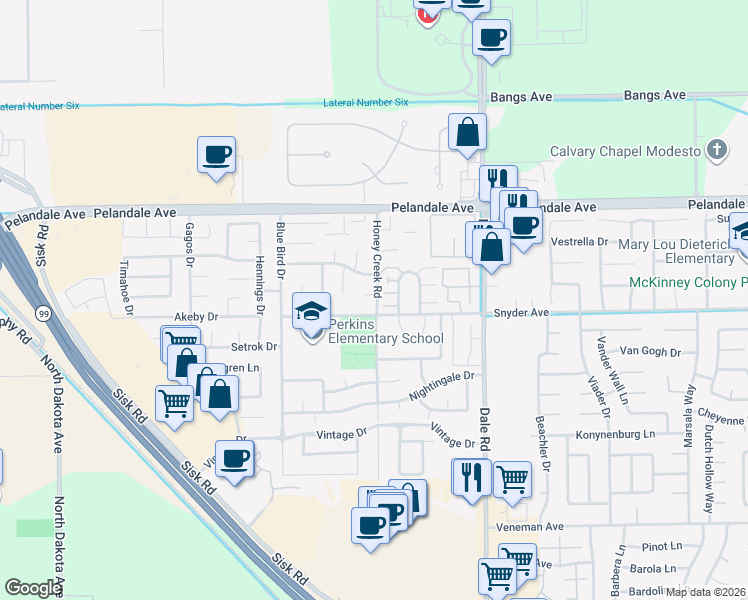 map of restaurants, bars, coffee shops, grocery stores, and more near 4000 Honey Creek Road in Modesto