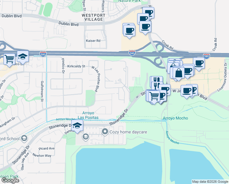 map of restaurants, bars, coffee shops, grocery stores, and more near 2680 Trailside Circle in Pleasanton