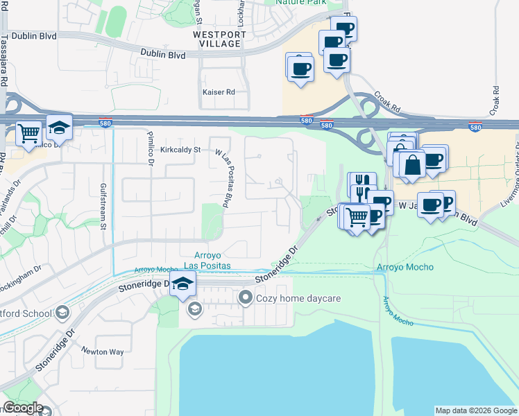 map of restaurants, bars, coffee shops, grocery stores, and more near 2680 Trailside Circle in Pleasanton
