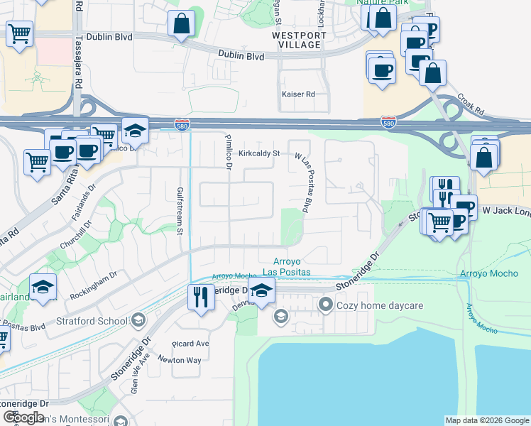 map of restaurants, bars, coffee shops, grocery stores, and more near 3059 Melbourne Court in Pleasanton