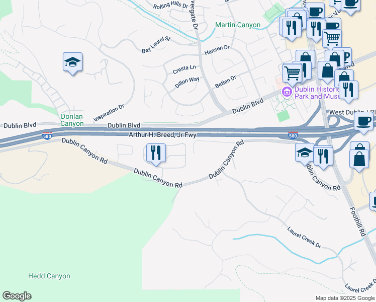 map of restaurants, bars, coffee shops, grocery stores, and more near 7595 Canyon Meadows Circle in Pleasanton