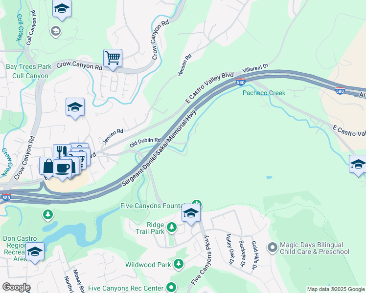 map of restaurants, bars, coffee shops, grocery stores, and more near 4992 Fraga Road in Castro Valley