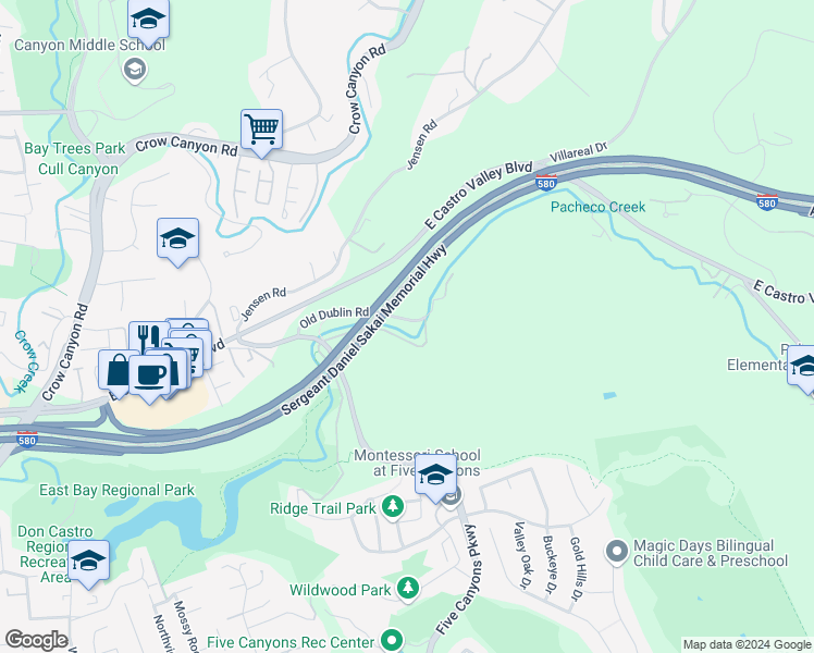 map of restaurants, bars, coffee shops, grocery stores, and more near 4992 Fraga Road in Castro Valley