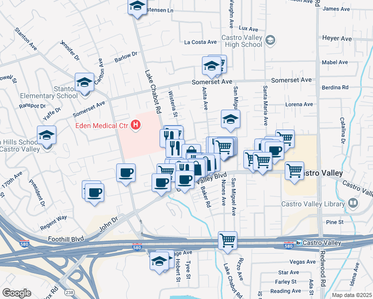 map of restaurants, bars, coffee shops, grocery stores, and more near 2799 Cortez Court in Castro Valley