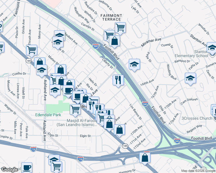 map of restaurants, bars, coffee shops, grocery stores, and more near 1575 165th Avenue in San Leandro