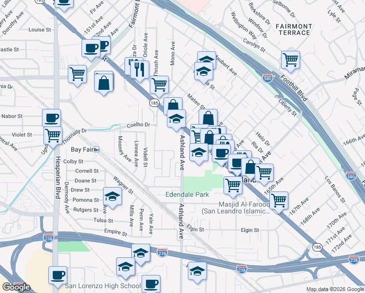 map of restaurants, bars, coffee shops, grocery stores, and more near 16090 Silverleaf Drive in San Lorenzo