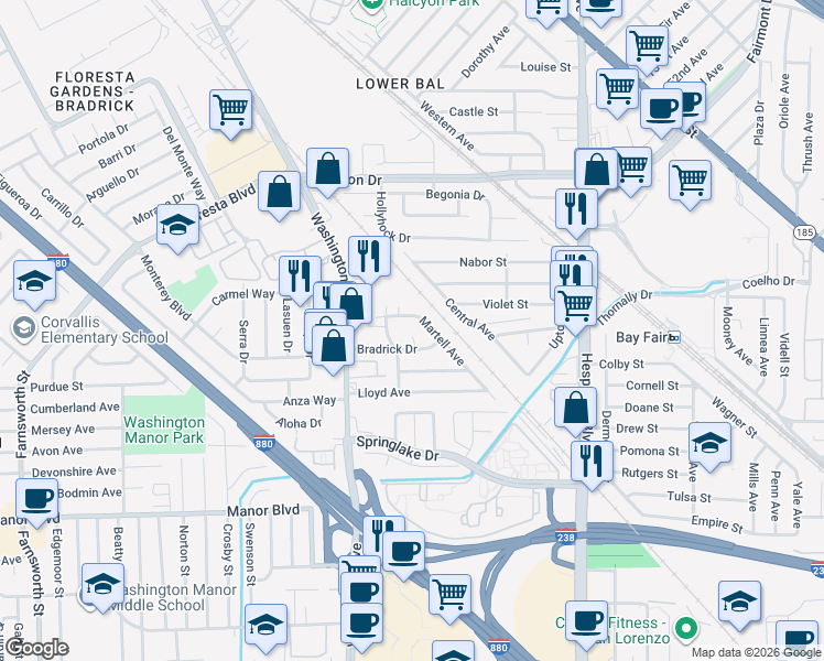 map of restaurants, bars, coffee shops, grocery stores, and more near 432 Bradrick Drive in San Leandro