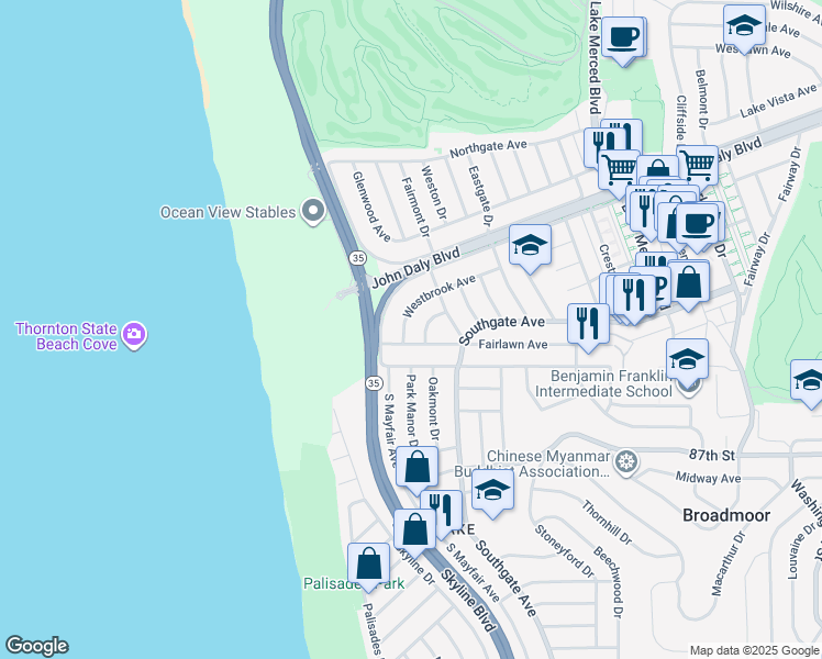 map of restaurants, bars, coffee shops, grocery stores, and more near 259 Fairlawn Avenue in Daly City