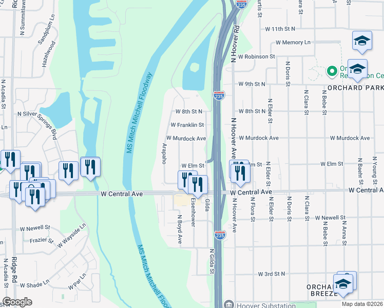 map of restaurants, bars, coffee shops, grocery stores, and more near 729 Eisenhower in Wichita