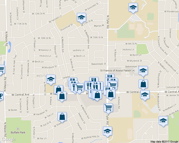 map of restaurants, bars, coffee shops, grocery stores, and more near 9101 West Delano Street in Wichita