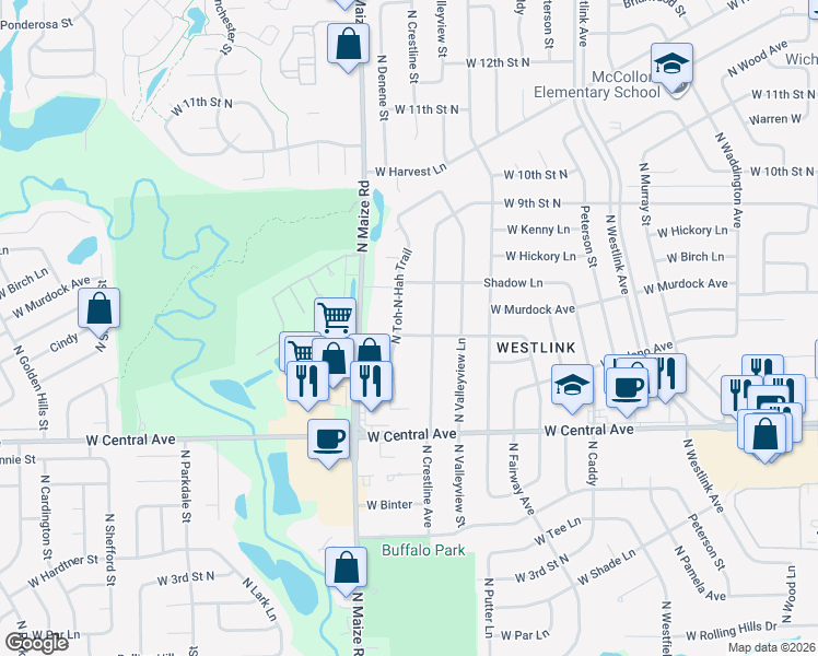 map of restaurants, bars, coffee shops, grocery stores, and more near 818 North Toh-N-Hah Trail in Wichita