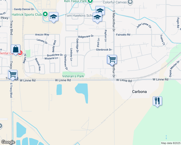 map of restaurants, bars, coffee shops, grocery stores, and more near 9310 Lorraine Road in Tracy