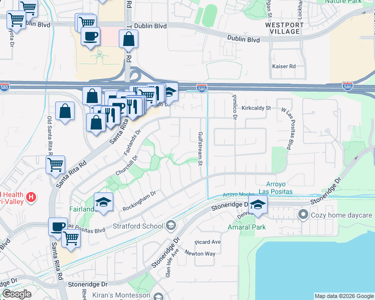 map of restaurants, bars, coffee shops, grocery stores, and more near 3735 Oak Brook Court in Pleasanton